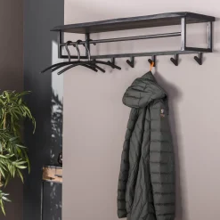 Hot LifestyleFurn Kapstok Yena Acaciahout en metaal, met 6 haken en plank, kleur zwart Massief acacia zwart