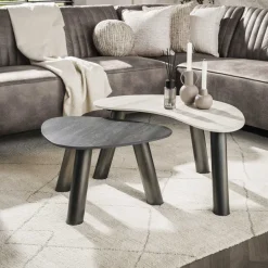 Discount LifestyleFurn Organische Salontafel Dallen Keramiek met travertinlook, Set van 2 stuks