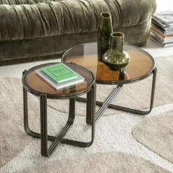 Outlet By-Boo Ronde Salontafel Groovy Set van 2 stuks, Glas, kleur Bruin