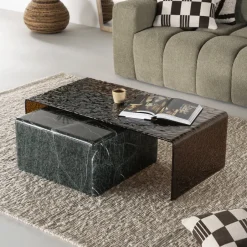 By-Boo Salontafel Ripple/Dice Glas en marmer, Set van 2 stuks