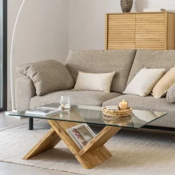 Best Kave Home Salontafel Waley Eiken met glasplaat, 120 x 70cm