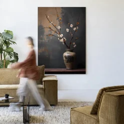 New Urban Cotton Wandkleed Dark Blossom Vase in maat en frame naar keuze